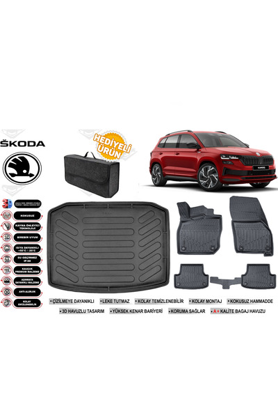 ko kaliteoto skoda karoq 2025 model bagaj havuzu+4d araca özel havuzlu paspas...