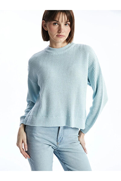 LC Waikiki LCW Vision Blue guler rotund supradimensionat Pulover de tricotat pentru femei