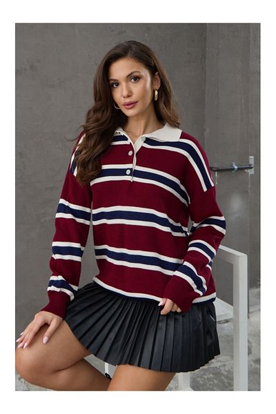 Elif Özbey Butik Pulover cu dungi cu gât polo burgundy