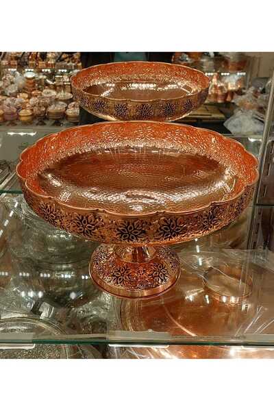 Bakır Center Copper Fruit Holder Copper Cookie Holder Copper Presentation Plate 18 cm Fully Handmade Embossed Workmanship