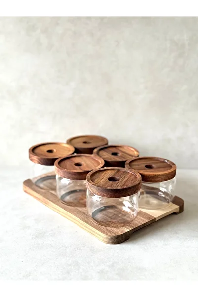 Dekorzdükkan Round Acacia Vacuum Lid Breakfast Set with 6 Stands (Borosilikat Glass) Dkrz-687, One Size