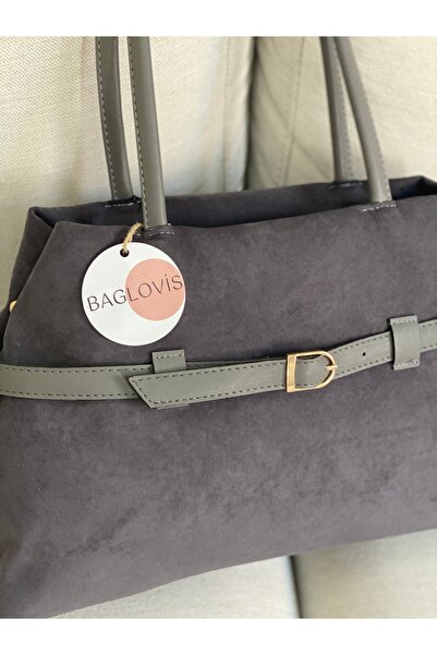 BAGLOVİS Extensible Suede Gray Shoulder Bag with Front Buckle Detail