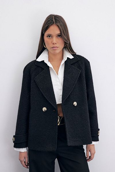 Sateen Black Boucle - Design de haină scurtă
