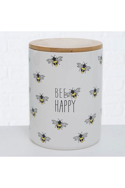 Homelux Cutie de depozitare Bee Happy cu capac, 14x14x19 cm, alb/negru/galben/natural, ceramica/bambus
