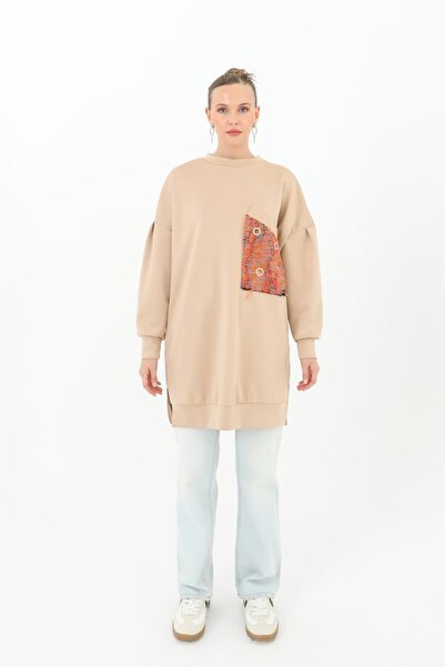 Puane Γυναικείο ύφασμα κατάδυσης πολύχρωμο πουλί τσέπης με λεπτομέρεια μπεζ τουνίκ 10574