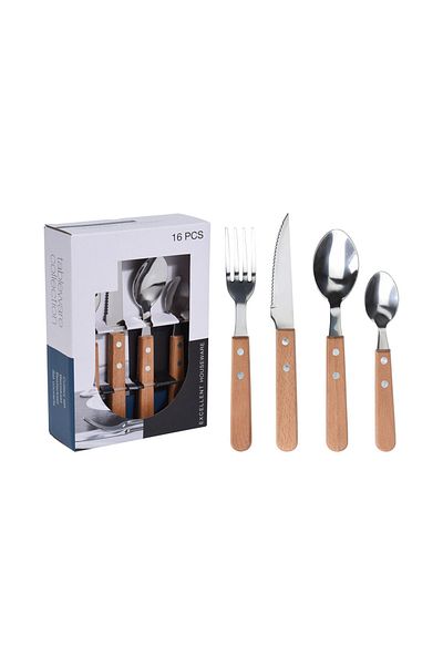 Homelux Set tacâmuri din oțel inoxidabil, 16 bucăți, mâner din lemn, argintiu/natural