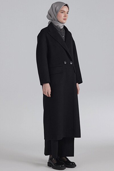 Tuğba Kruvaze Düşük Kol Kaban - Siyah