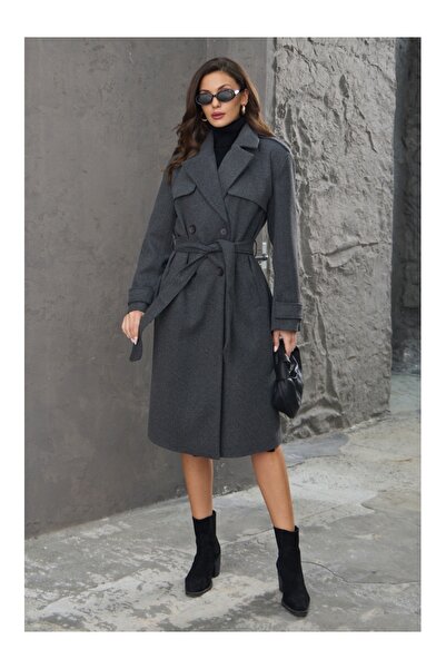 Elif Özbey Butik Antrasit Omuzu Düğmeli Premium Kaban