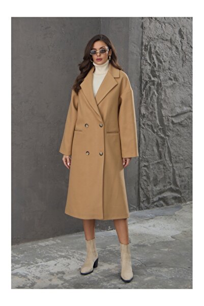 Elif Özbey Butik Camel Dört Düğmeli Uzun Kaban