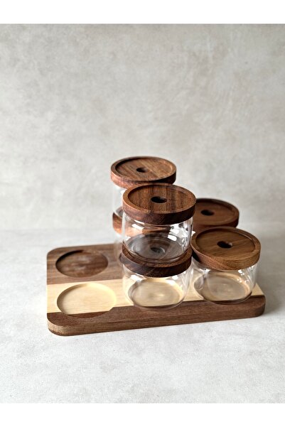Dekorzdükkan Round Acacia Vacuum Lid Breakfast Set with 6 Stands (Borosilikat Glass) Dkrz-687, One Size