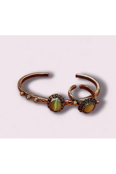 Bakır Center Natural Stone Copper Bracelet and Ring Jewelry Set - Handmade