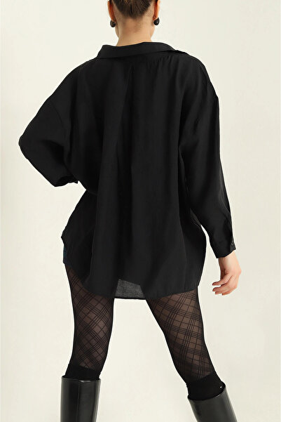 vuvutasarım New Season Black Woven Linen Oversize Shirt