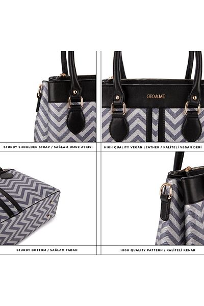 gio&mi Elvin Women's Silver Zigzag Patterned Multi-Compartment Zippered Hand and Shoulder Bag