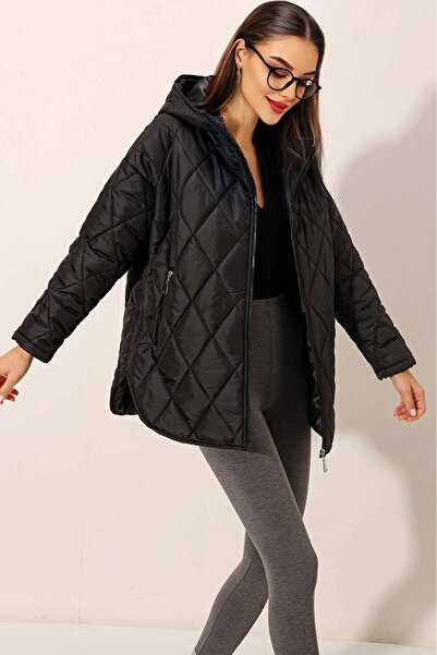 hazelin Black Oversize Quilted Coat - Hooded, Hzl25W-Bd 151811