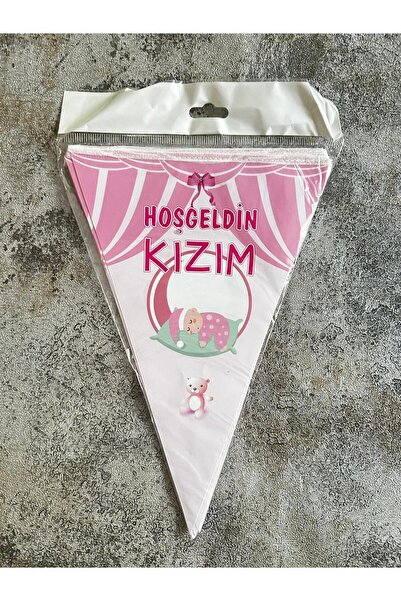 partycom pembe ''Hoşgeldin Kızım'' yazılı üçgen flama