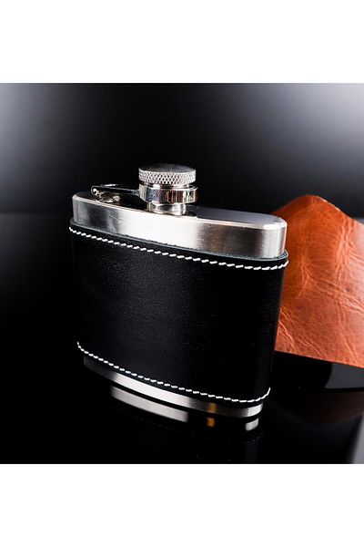 PERLOTUS Steel Whiskey Drink Cognac Flask with Black Leather 5 Oz-150 Cc Funnel Christmas Gift