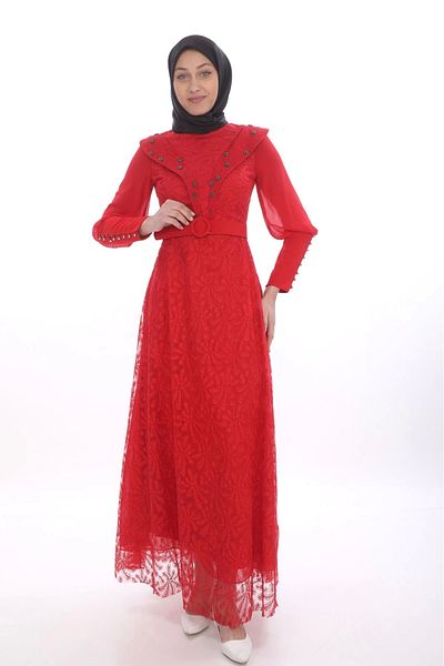 PHELDA Red Guipure Hijab Dress - Stone and Pearl Detailed, Model 721