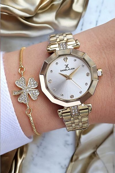 Daniel Klein New Model 3 Atm Waterproof Golden Yellow - Women's Watch with Glass and Stones and Gift Bracelet