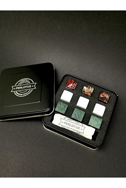 PERLOTUS Elegant Serisi Mermer Viski Taşı Metal Hediye Kutulu 9 Adet Yılbaşı ...