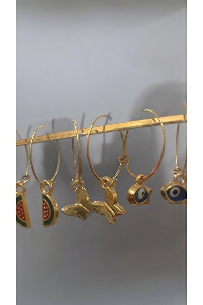 JEWELRY Kelebek Karpuz Nazar Boncuklu Balık Figürlü Gold Renk Küpe