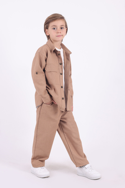 Pollito Boys Oversize Cotton Linen Shirt T-Shirt Pants 3-Piece Bottom Top Set