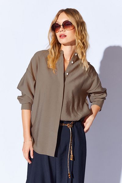 Manche Coffee Modal Soft Textured Soft Hidden Pat Detailed Oversize Women's Shirt |   Mks 168262 -01