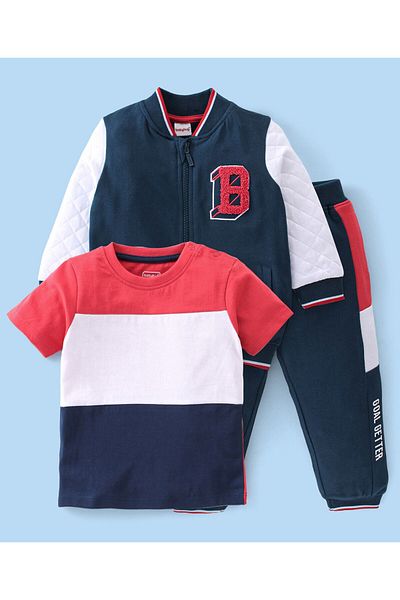 Babyhug Terry Cotton Knit Half Sleeve Colour Block T-Shirt & Lounge Pant Set Sweatshirt-Blue & Red