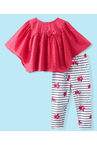 Babyhug 100% Cotton Woven Half Sleeve Top and Striped Legging Set Floral Print-Coral & White Melange