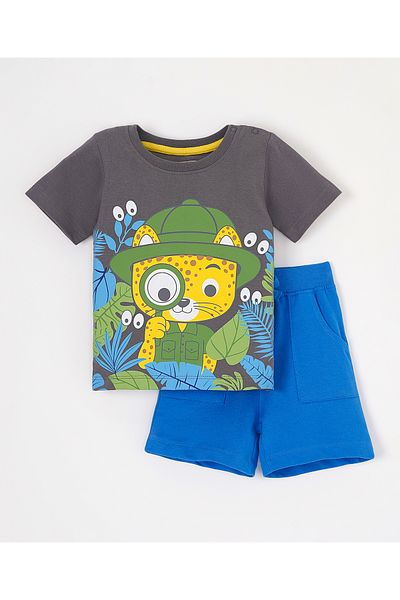 Babyhug Babyhug Short Sleeves Tshirt & Botttomwear Animal Print - Grey and Blue