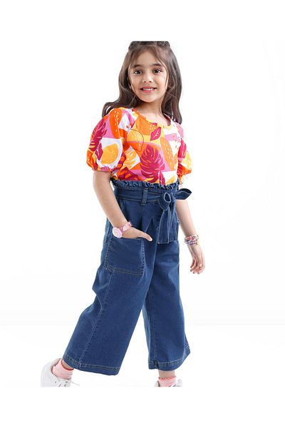 Ollington St. Ollington St. 100% Cotton Half Sleeve Top & Culottes With Tropical Print - Multicolor