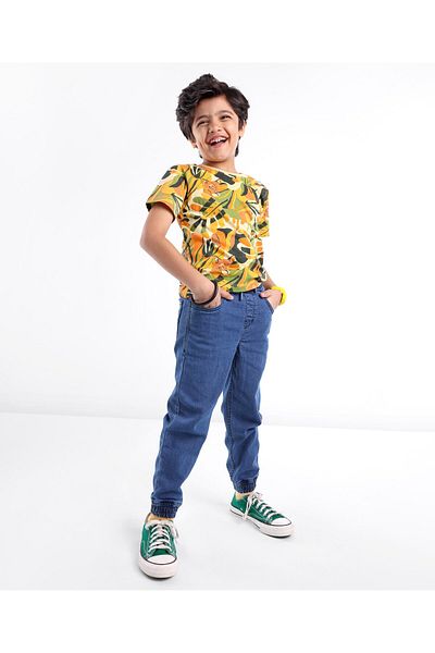 Ollington St. Ollington St. 100% Cotton Half Sleeve Tee & Stretchable Denim Jogger Set Tiger -Yellow Green & Blue