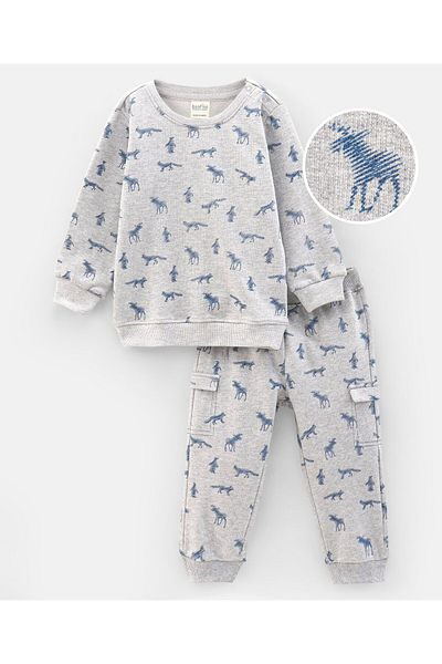 Bonfino Full Sleeves Sweatshirt & Jogger Set Animal Print - Grey