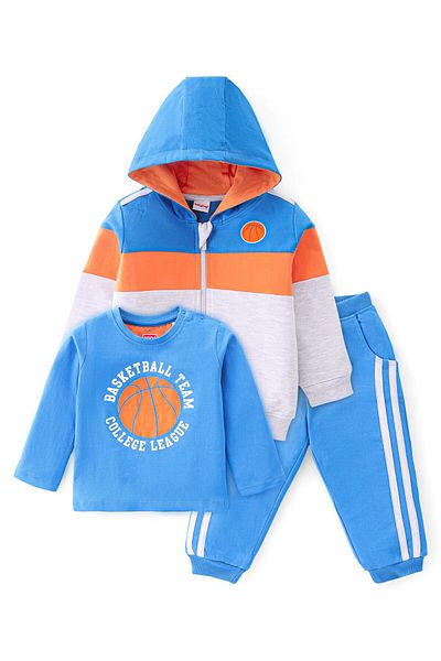 Babyhug 100% Cotton Knit Full Sleeve Jacket T-Shirt & Lounge Pant Baseball Print-Blue Orange & White