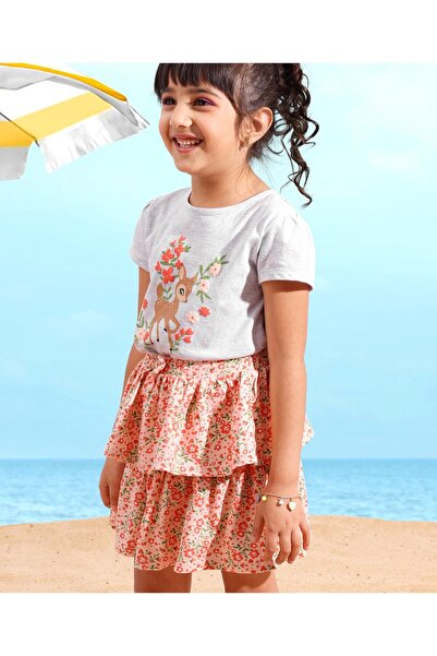 Babyhug Babyhug Cotton Knit Half Sleeves Top and Skirt Set Dear & Floral Print - Ecru Melange & Peach