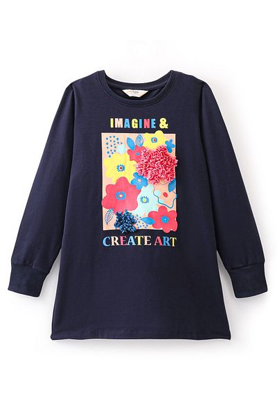 Primo Gino Primo Gino 100% Cotton Full Sleeves T-Shirt & Lounge Pant Set With Floral Print - Navy Blue & Pink