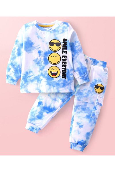 Babyhug Babyhug Cotton Knit Full Sleeve T-Shirt,Lounge Pants Set Tie Dye,Emoticon Print-Light Blue,White