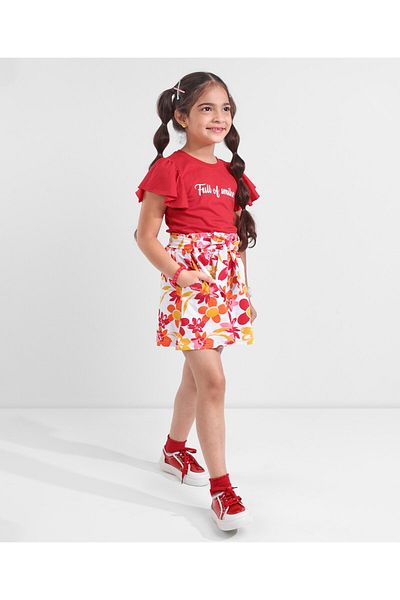 Ollington St. Ollington St. 100% Cotton Half Sleeves Top & Skirt With Floral Print - Red & White