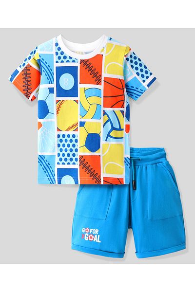 Ollington St. Ollington St. 100% Cotton Knit Half Sleeves T-Shirt & Shorts Ball Print - Multicolour