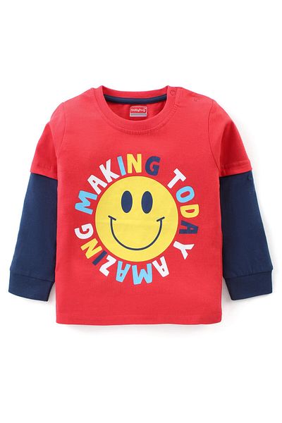 Babyhug Babyhug T-Shirt and Denim Jeans Set with Emoticon and Text Print - Red and Blue