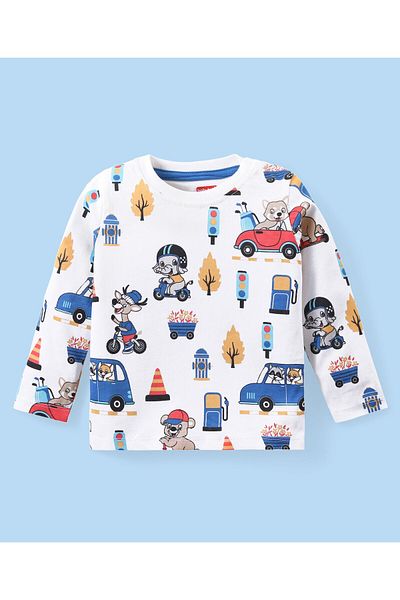 Babyhug Babyhug Cotton Knit Full Sleeves Animals & Cars Printed T-Shirt & Jogger Pants Set - White & Blue