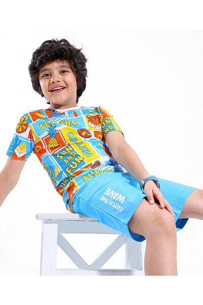 Ollington St. Ollington St. 100% Cotton Knit Half Sleeves T-Shirt & Shorts Set with Beach Theme Print - Blue