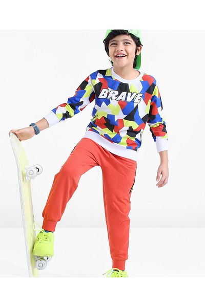 Ollington St. Ollington St. 100% Cotton Knit Full Sleeve T-Shirt & Joggers Set Abstract Design & -Multicolor