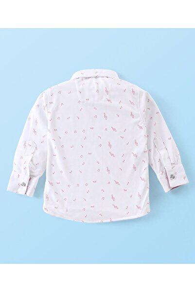 Babyhug Full Sleeve Musical Notes Printed Stretch Fit Party Shirt & Trousers Cap & Bow-Peach & White