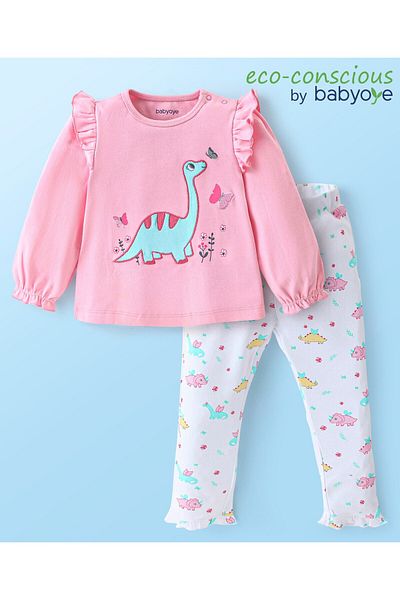 Babyoye Babyoye Eco Conscious 100% Cotton Dino Placement Print Full Sleeves Top & Leggings Set - Pink