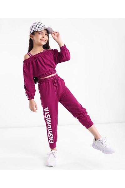 Ollington St. Ollington St. 100% Cotton Knit Off-Shoulder Full Sleeve Top,Leopard Printed Culottes Pant Set-Maroon