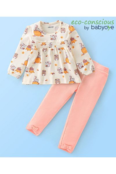 Babyoye Eco-Conscious Organic Cotton Full Sleeve Top & Legging With Squirrel Print -Offwhite & Peach