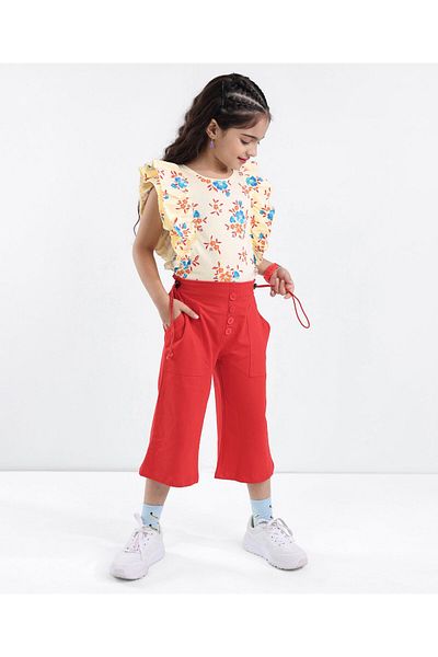Ollington St. Ollington St. 100 % Cotton Sleeveless Top with Floral All Over Print & Culottes Set - Offwhite & Red