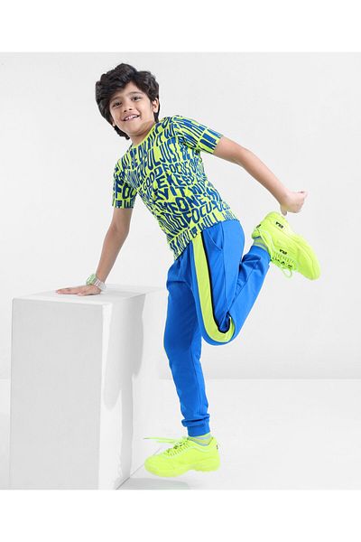 Ollington St. Ollington St. 100% Cotton Half Sleeves T-Shirt With Knit Joggers All Over Text Print - Lime & Blue