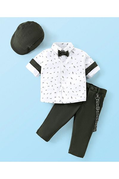 Babyhug Woven Full Sleeve Party Wear Shirt & Trouser Bow & Suspender Music Notes Print-White & Olive