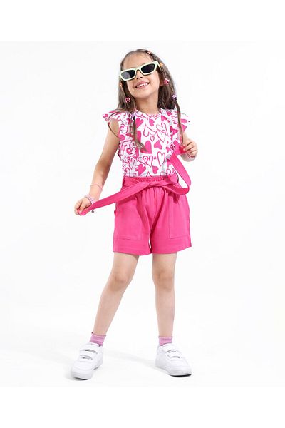 Ollington St. Ollington St. 100% Cotton Frill Sleeves Heart Printed Top & Shorts Set - White & Pink